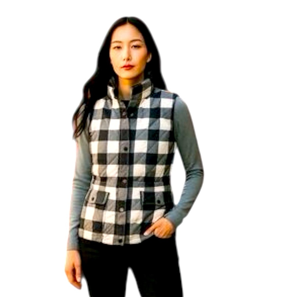 New Talbots Down Quilted Vest Black Grey White Large Buffalo Plaid Puffer XS